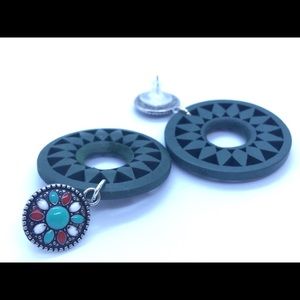 Wooden Turquoise Earrings with Metal Shield